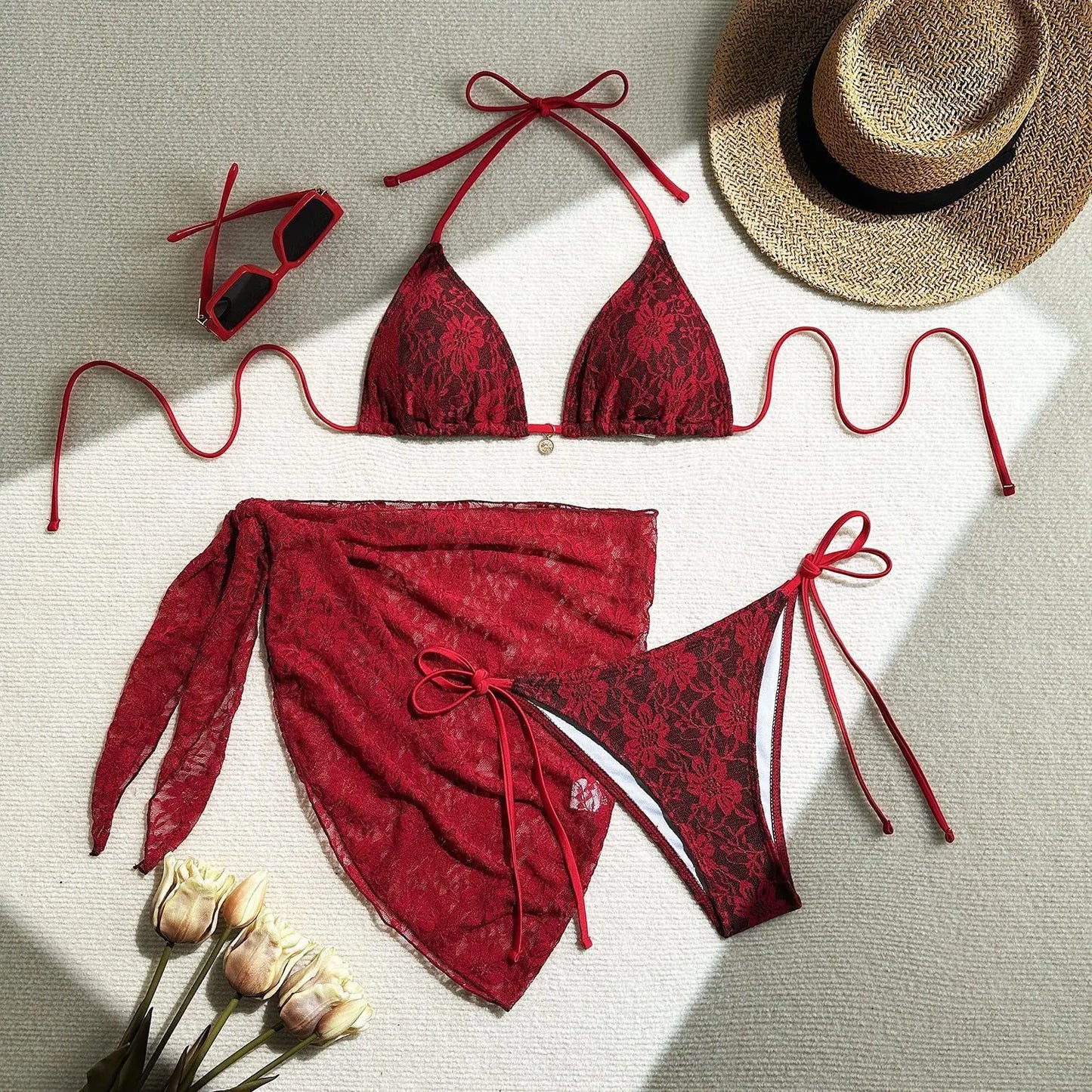 Women's Lace Detail Bikini Set with Removable Padding and Low-Rise Bottoms