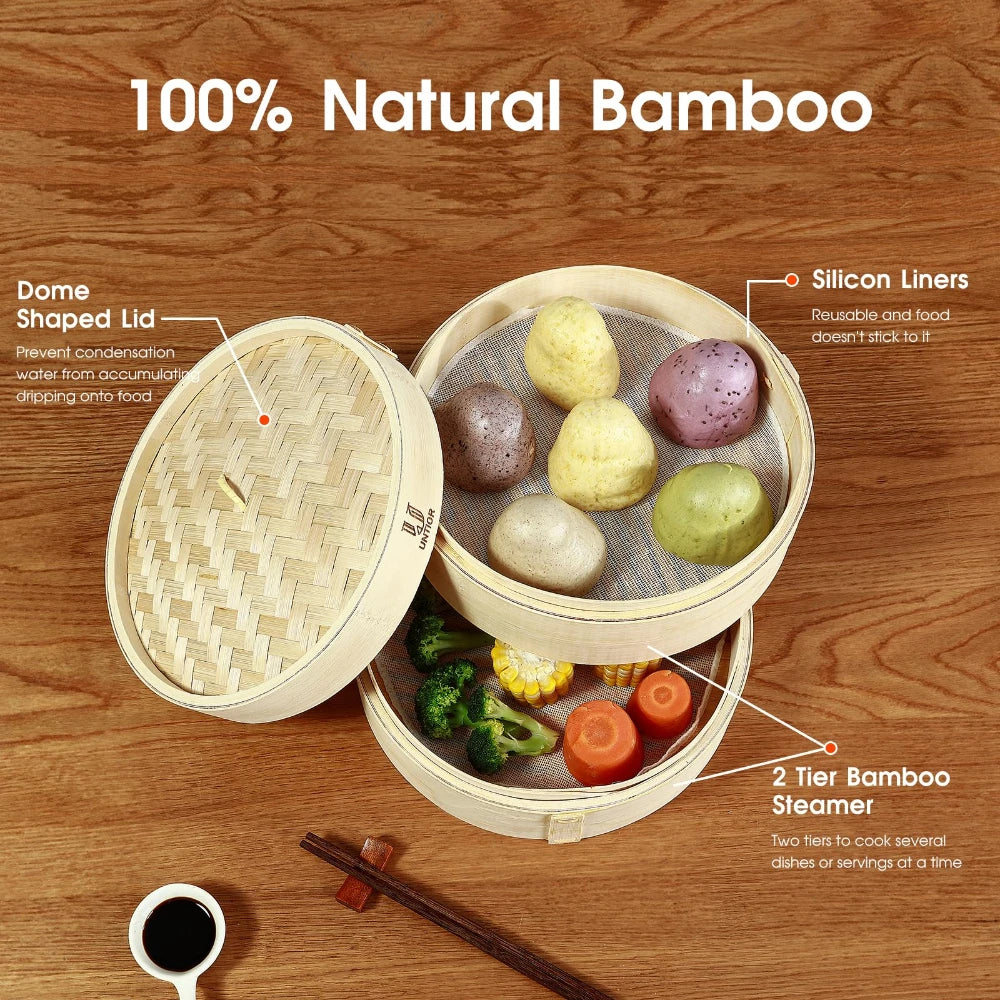 Two-tier natural bamboo dumpling steamer with dome lid, holding colorful buns and vegetables.
