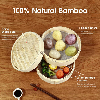 Two-tier natural bamboo dumpling steamer with dome lid, holding colorful buns and vegetables.
