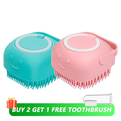 Pet Bath Brush With Soft Silicone Bristles And Dispenser For Dogs And Cats