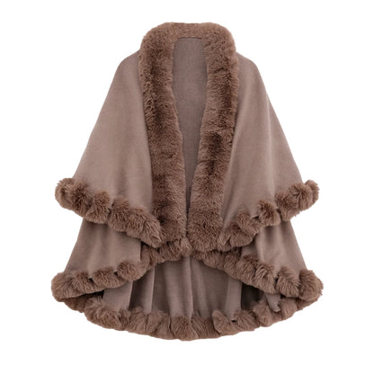 Double Layer Faux Fur Trim Womens Knitted Poncho Shawl Warm Cape Multiple Colors Ideal for Fall and Winter Daily and Formal Wear