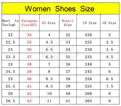 Women's shoe size conversion chart comparing heel-to-toe measurements in cm to EU, US, Brazil, CN, and UK sizes.