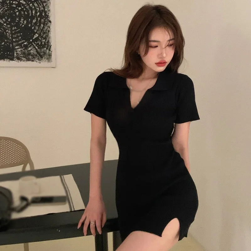 Slim Dress with V-Neck Knee Length Crepe for Casual Daywear Breathable