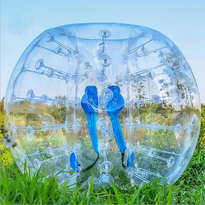 Clear TPU inflatable bumper ball with blue straps for outdoor sports and recreational activities.