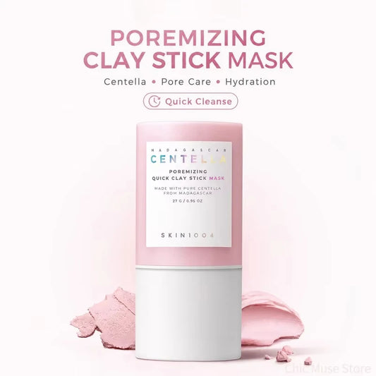 Pink clay stick face mask with white base and text overlays, accompanied by pink clay swatches.