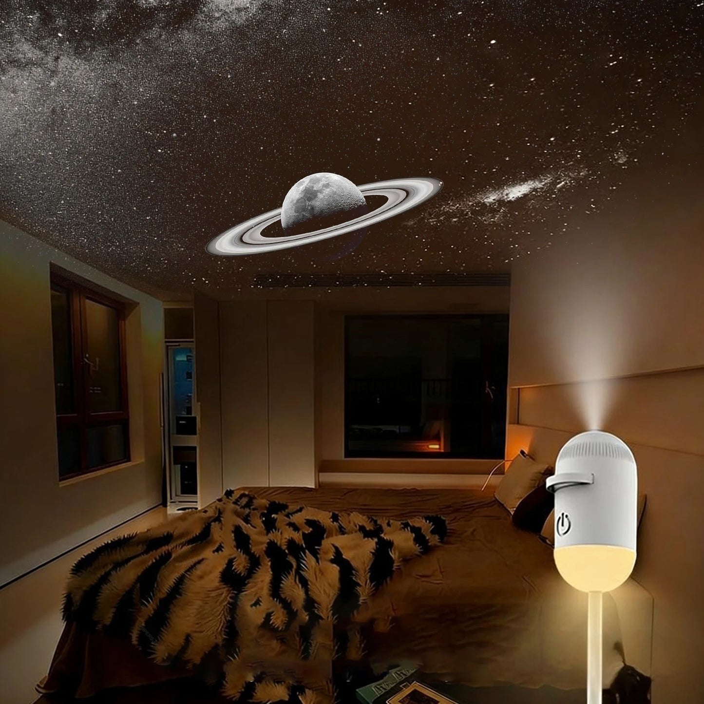 White plastic portable LED projector light with adjustable focus casts a planet display on the bedroom ceiling.