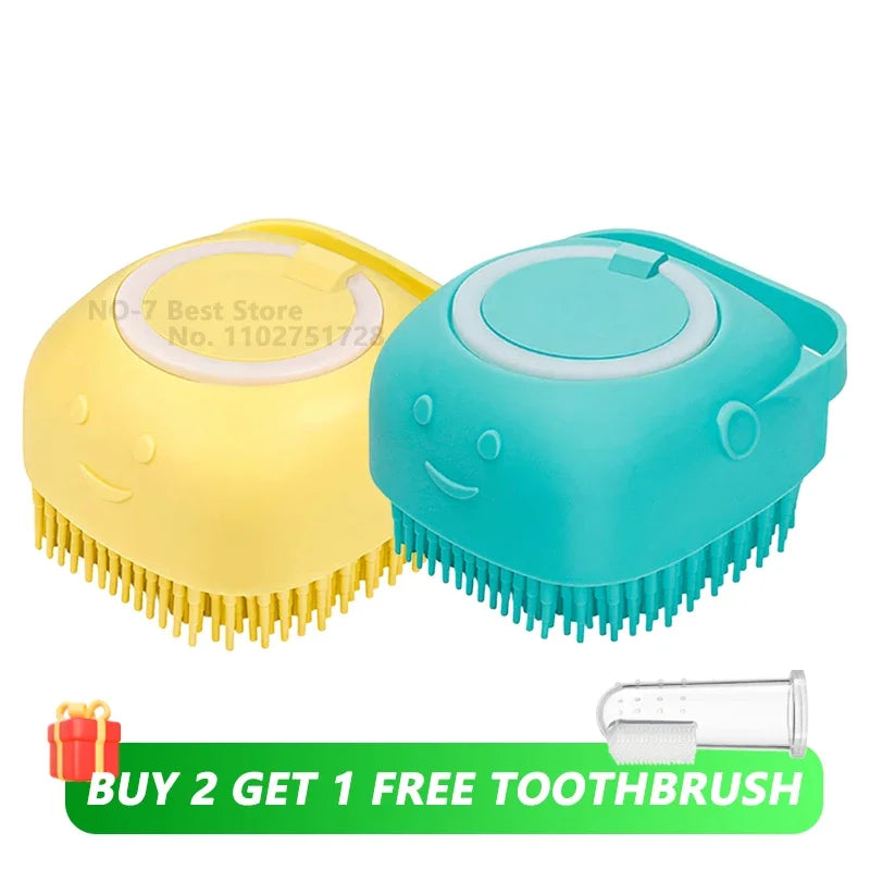 Pet Bath Brush With Soft Silicone Bristles And Dispenser For Dogs And Cats