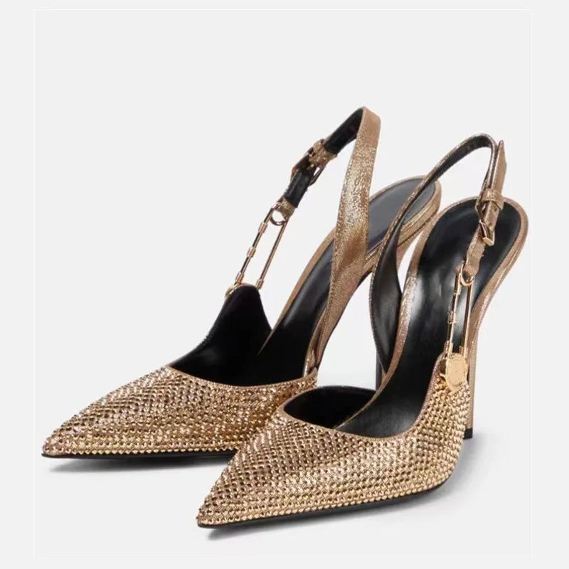 Sequined Slingback Pumps with Rhinestone Buckle for Women featuring Slim 9.6 cm Heel