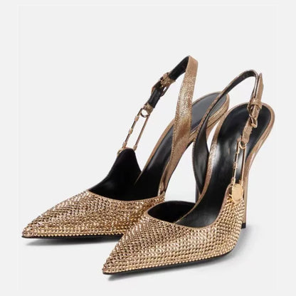 Sequined Slingback Pumps with Rhinestone Buckle for Women featuring Slim 9.6 cm Heel