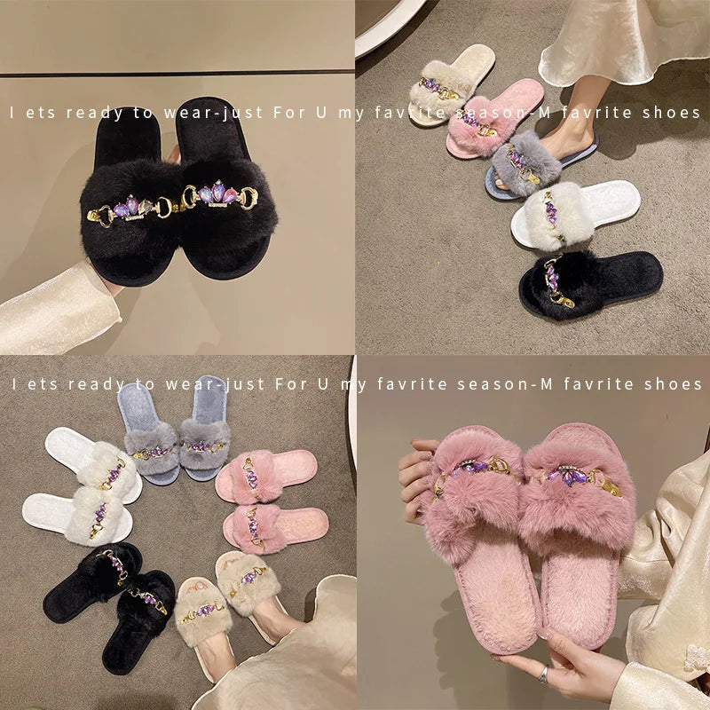 Embellished Crystal Chain Slippers with Winter Warmth Anti Slip Grip