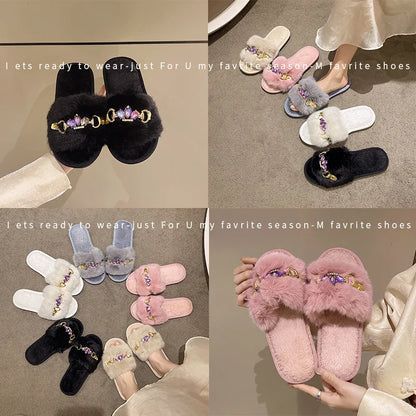 Embellished Crystal Chain Slippers with Winter Warmth Anti Slip Grip
