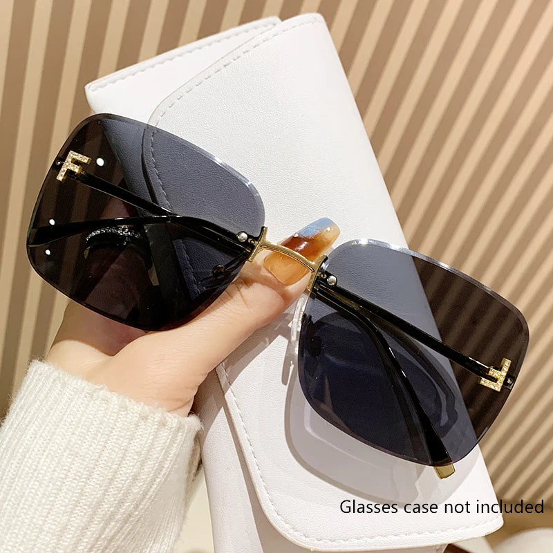 Featherlight Rimless Sunglasses Large Square Frame with Diamond Accent