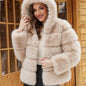 Luxe Women's Short Hooded Faux Fox Fur Coat Fashion Streetwear with Faux Fur Trim Thickened Winter Faux Fur Outwear