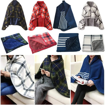 Plaid fleece wearable blanket poncho with button front