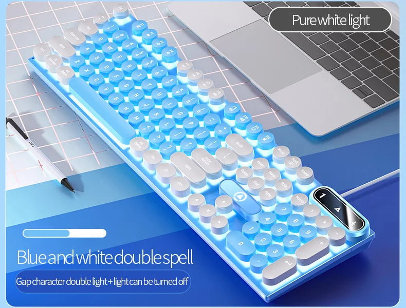 Mechanical keyboard with round retro LED backlit keys and numeric keypad