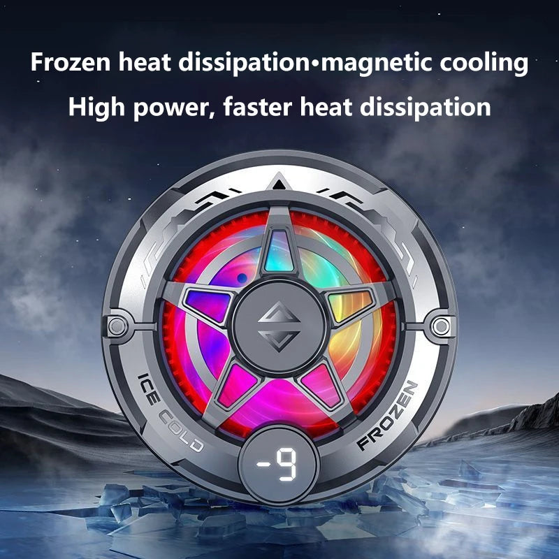 Silver circular magnetic back clip phone cooler with LED light, star design, and digital temperature display for gaming.