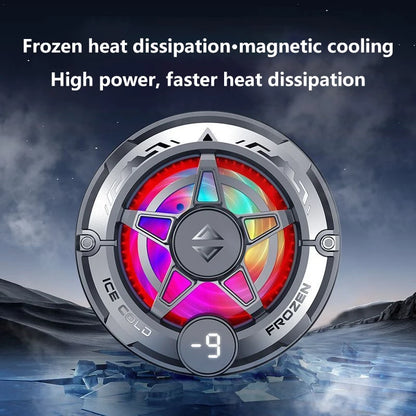 Silver circular magnetic back clip phone cooler with LED light, star design, and digital temperature display for gaming.