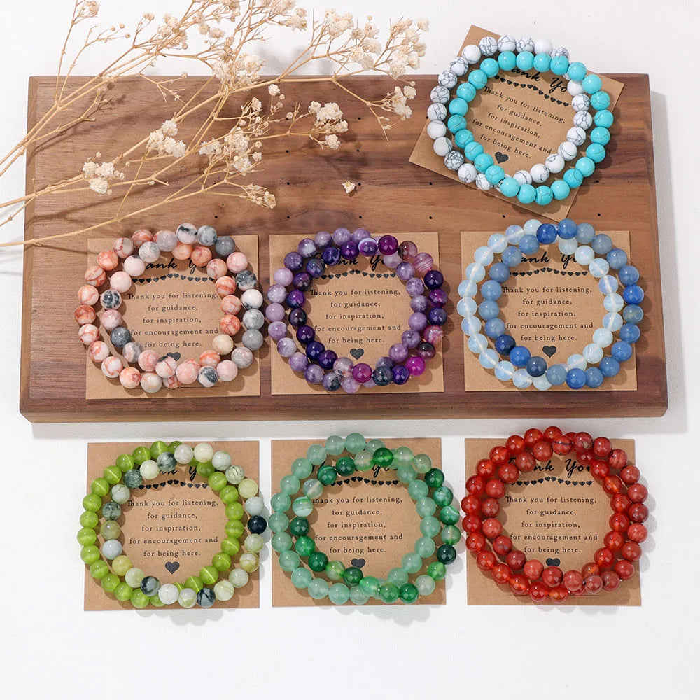 Beachwear Style Bracelet Set for Couples with Natural Amethyst Cat Eye Beads and Gift Card