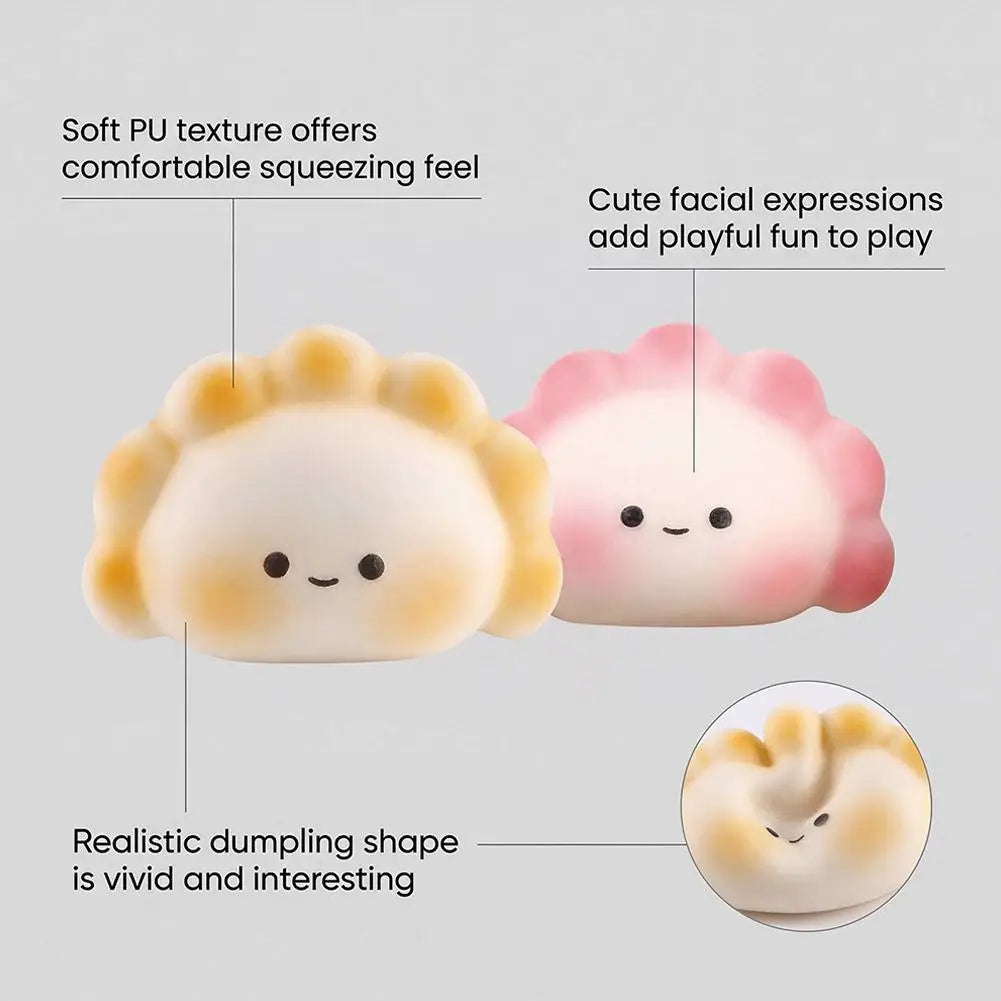 Two soft, squishy yellow and pink dumpling toys with faces and portable squeeze toy design for stress relief.