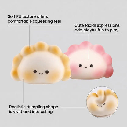 Two soft, squishy yellow and pink dumpling toys with faces and portable squeeze toy design for stress relief.