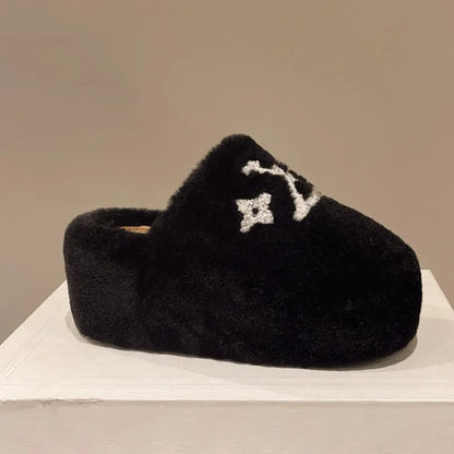 Warm Slippers for Women Indoor Non Slip Plush Traction Rubber Sole With Wedge Heel