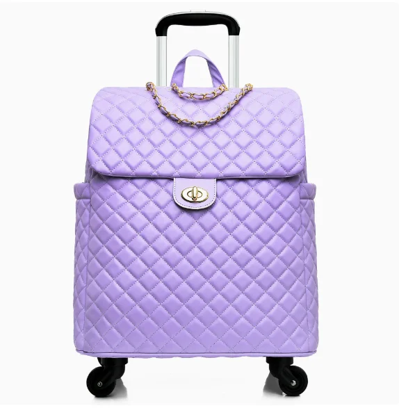 Lavender quilted leather rolling travel bag with gold chain accent, top handle, and extendable trolley handle.