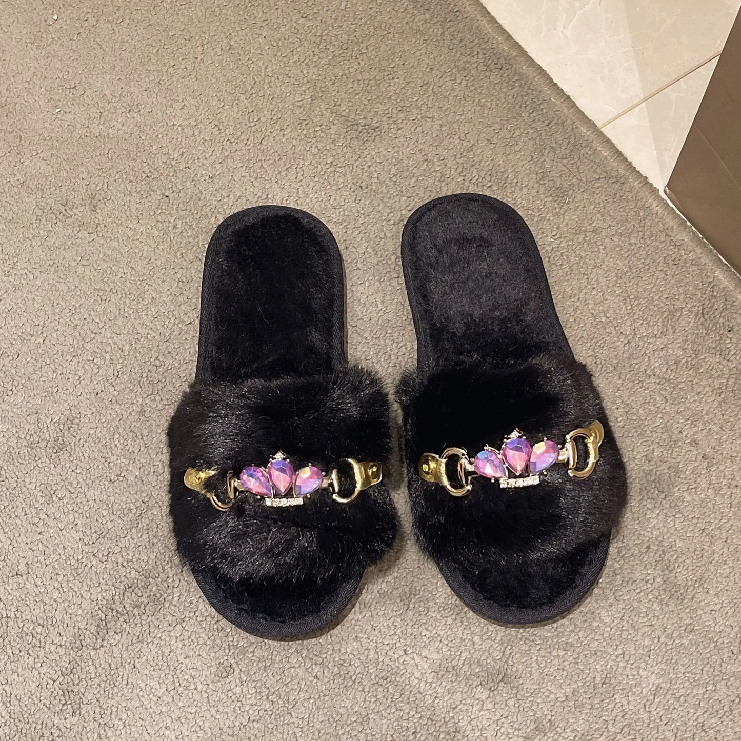 Embellished Crystal Chain Slippers with Winter Warmth Anti Slip Grip