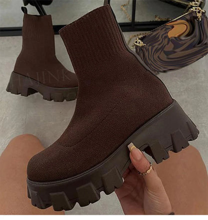 CloudStep Luxe Platform Sock Shoes Boots – Chunky Knit Stretch Boots with Heels | Trendy Women’s Fashion Streetwear Shoes