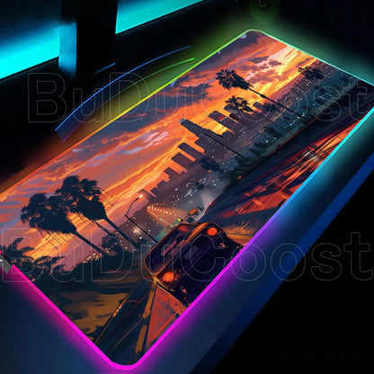 Large RGB LED gaming desk mat with city sunset print