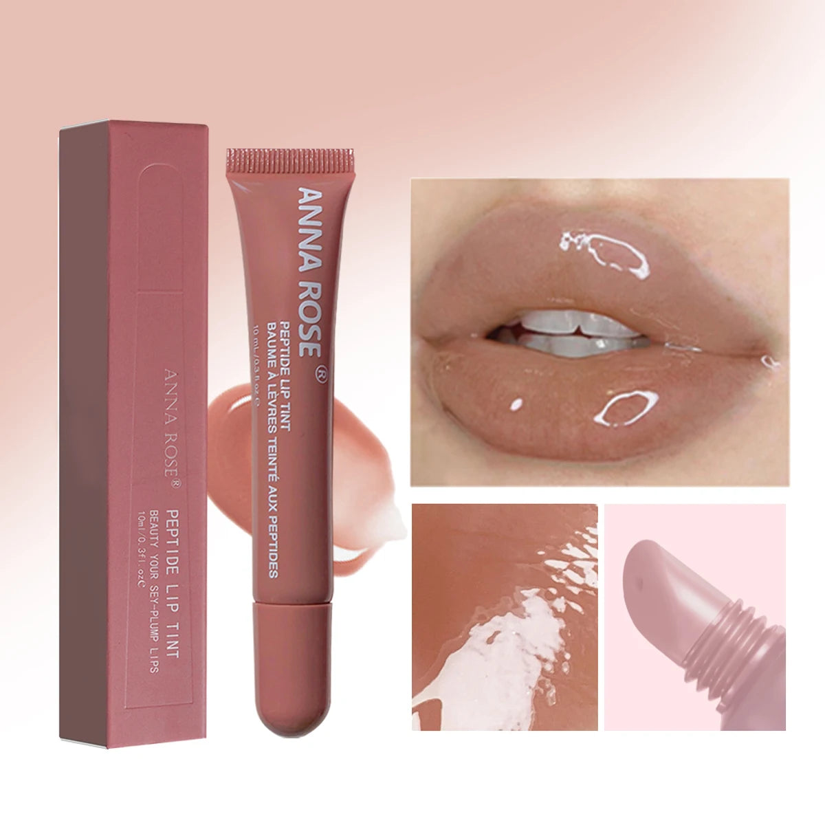 Lip glaze hydrating peptide formula with moisturizing color in squeeze tube and box packaging