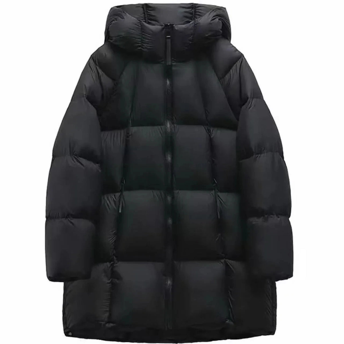 Women's long puffer hooded jacket with pockets