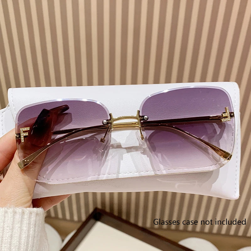 Featherlight Rimless Sunglasses Large Square Frame with Diamond Accent