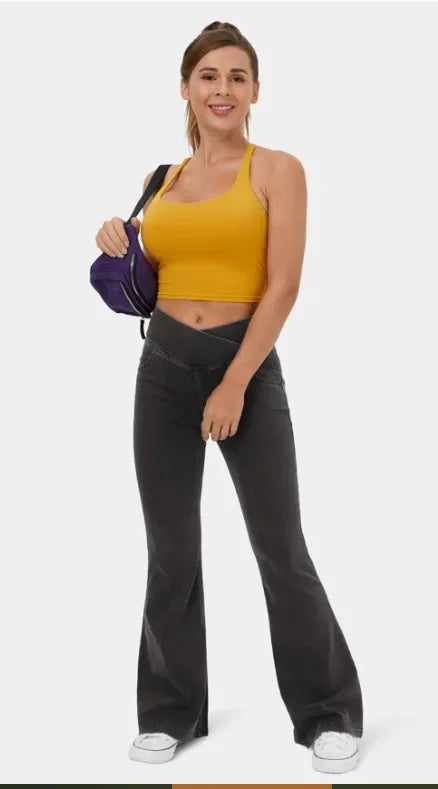 Stretch Pants High Waisted Crossover Flare with Bootcut Silhouette