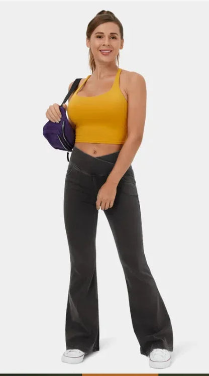 Stretch Pants High Waisted Crossover Flare with Bootcut Silhouette