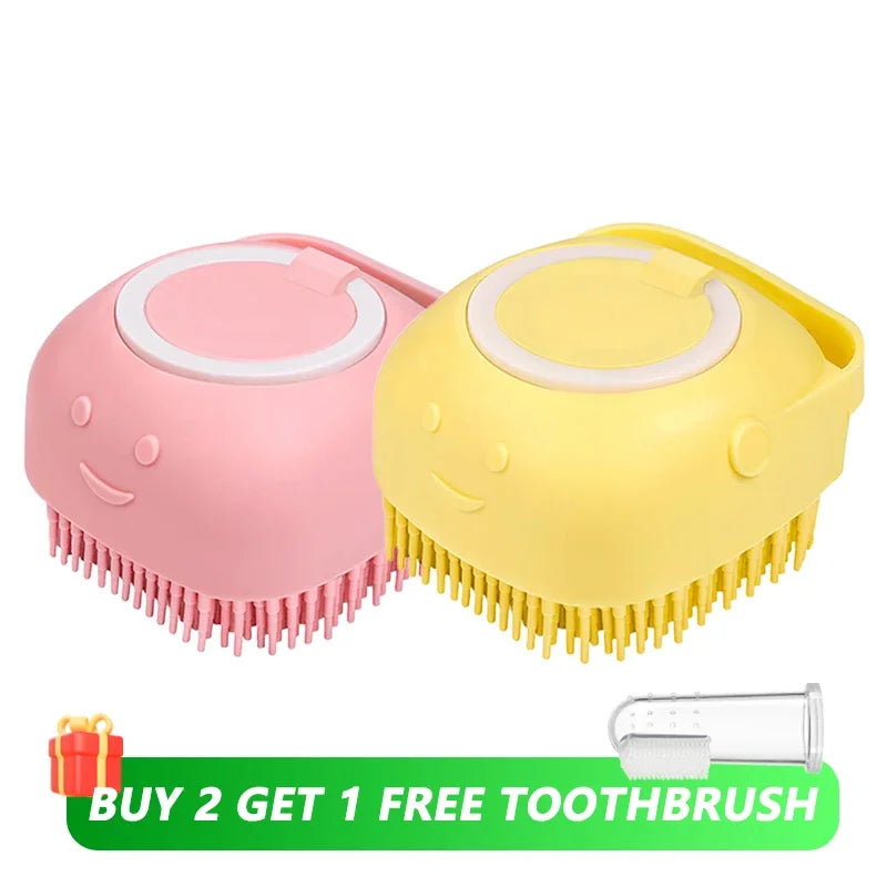 Pet Bath Brush With Soft Silicone Bristles And Dispenser For Dogs And Cats