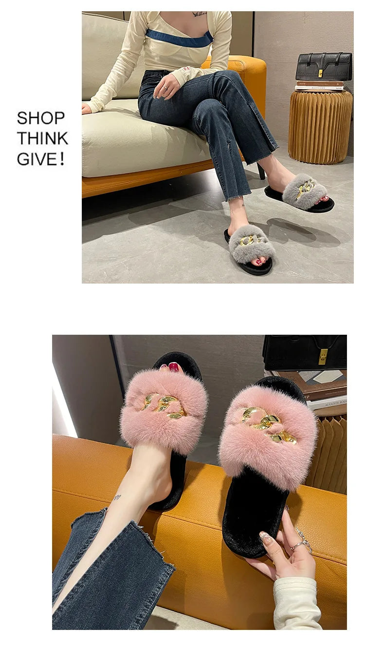 Plush Slippers for Women with Chain Detail and Cushioned Sole