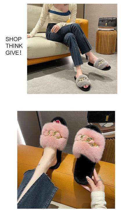 Plush Slippers for Women with Chain Detail and Cushioned Sole
