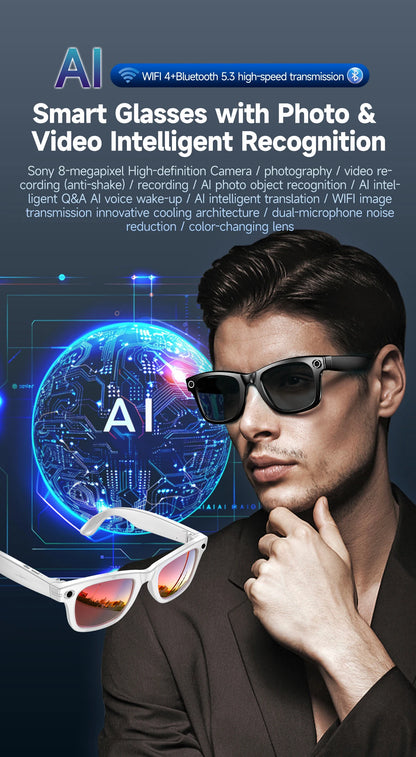 2026 Smart Glasses 8MP Camera WiFi Bluetooth Touch Control IP65 Waterproof AI Translation Noise Cancelling AI Glasses Women