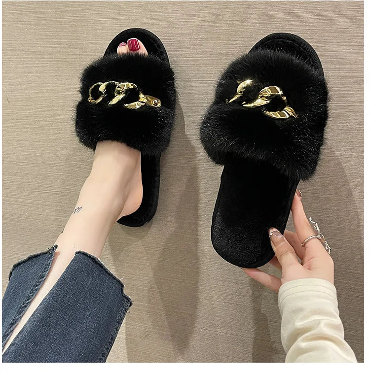 Plush Slippers for Women with Chain Detail and Cushioned Sole