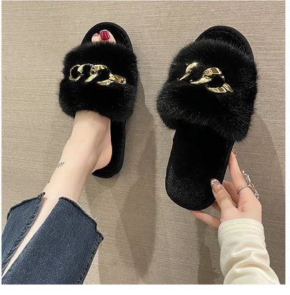 Plush Slippers for Women with Chain Detail and Cushioned Sole
