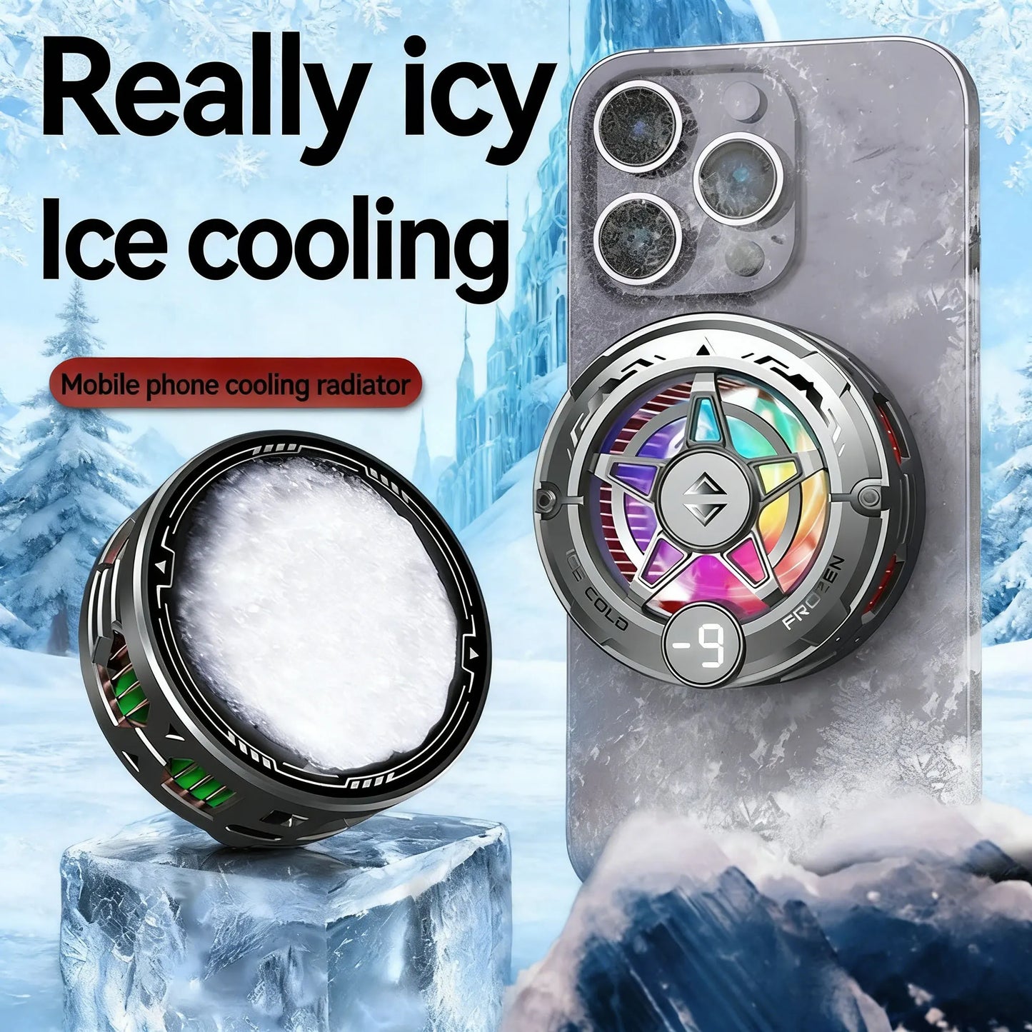 Silver magnetic back clip phone cooler with LED digital temperature display for cooling devices during mobile gaming.