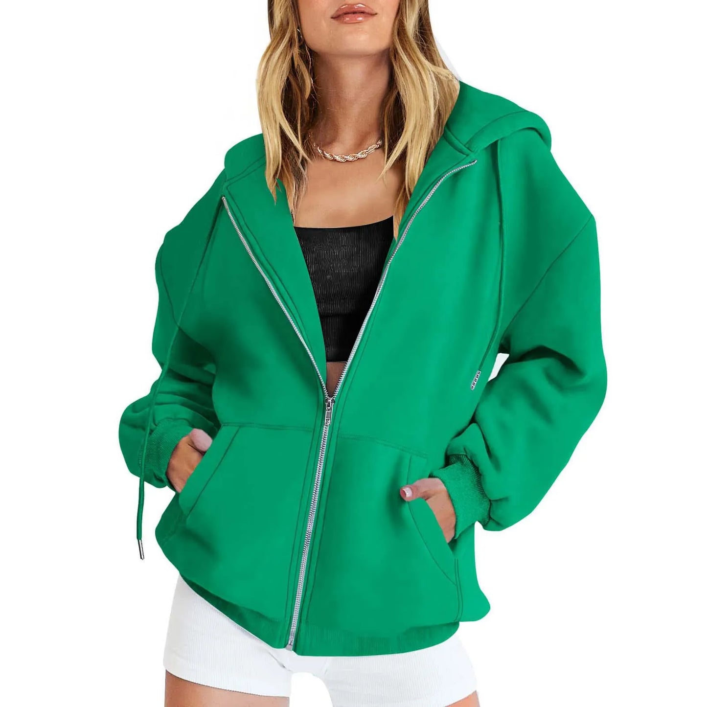 Women's Cotton Blend Hooded Sweatshirt With Zipper And Drawstring Pocket Long Sleeve