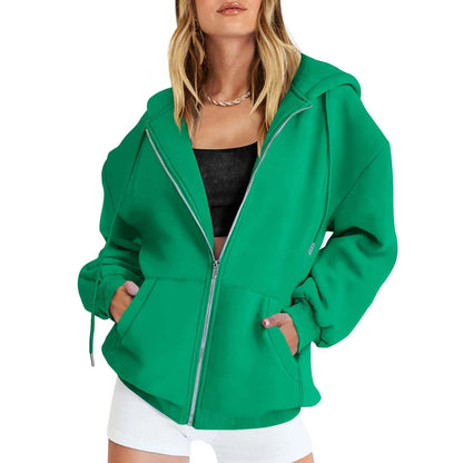 Women's Cotton Blend Hooded Sweatshirt With Zipper And Drawstring Pocket Long Sleeve