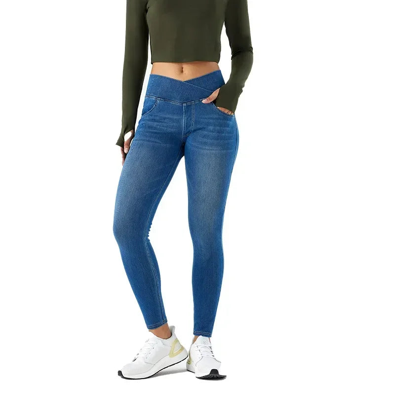 Cross Waist Yoga Jeans High Waist Skinny Ankle Length With Pockets