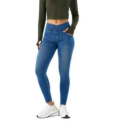 Cross Waist Yoga Jeans High Waist Skinny Ankle Length With Pockets
