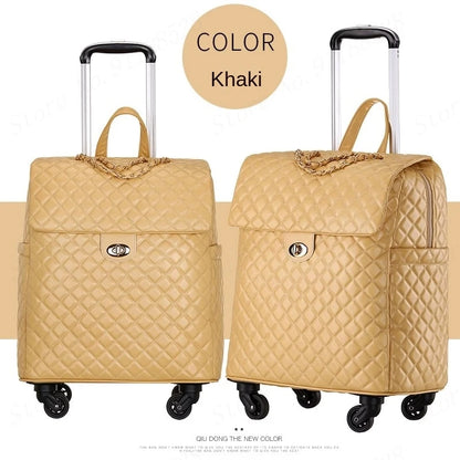 Khaki quilted PU leather retro rolling suitcase with twist lock, chain accent, telescopic handle, and wheels.