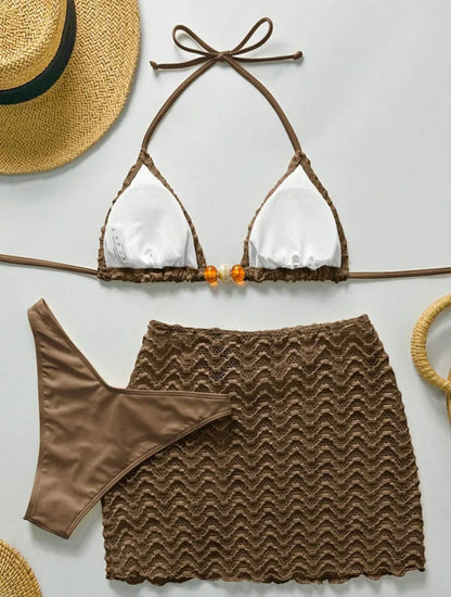 Women's Halter Push-Up Three-Piece Bikini Set with Skirt Cover-Up