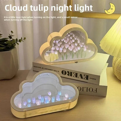 Cloud-shaped mirror panels with LED tulip night light kit for desk decor, featuring soft ambient glow and floral design.