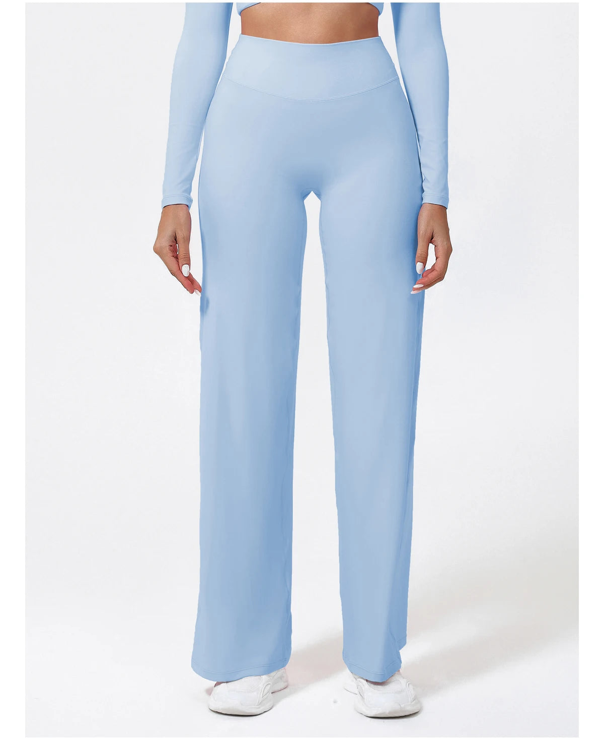 Light blue high waist sculpting leggings in a stretchy knit fabric for yoga and low-impact workouts.