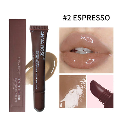 Lip glaze hydrating peptide formula in squeeze tube with applicator tip and lips swatch